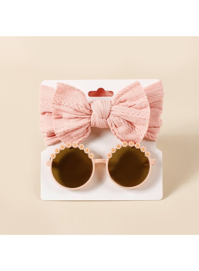 jaexest Baby Girls Nylon Bows Headband and Sunglasses Set – Cute Hair Bow Headwrap with Kid Daisy Flower Sunglasses Party Shower Hair Accessories for Newborn Toddler Infant Pink Standard - Image 1